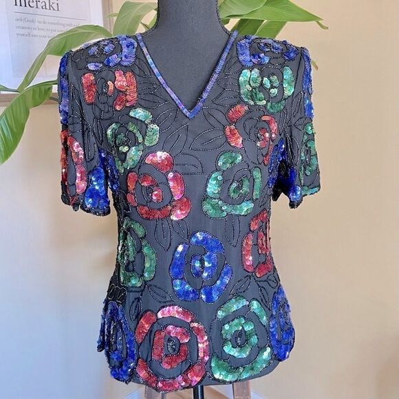 VINTAGE Stenay Sequin Beaded Flower Top - Picture 2 of 10